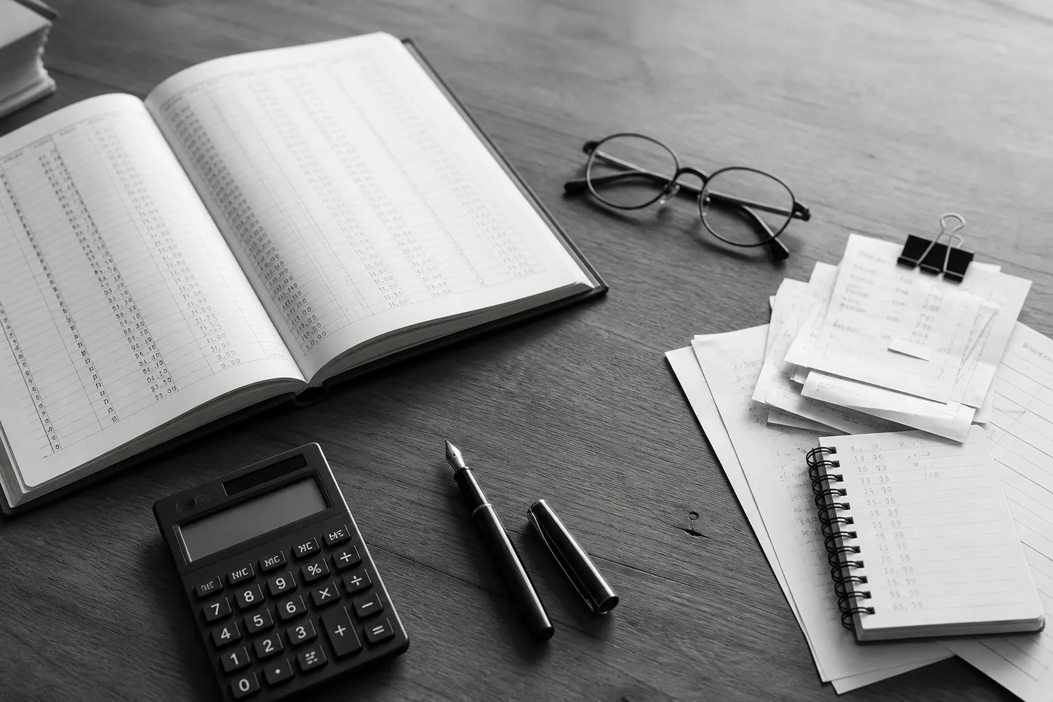 Libro contable, calculadora y documentos organizados sobre un escritorio