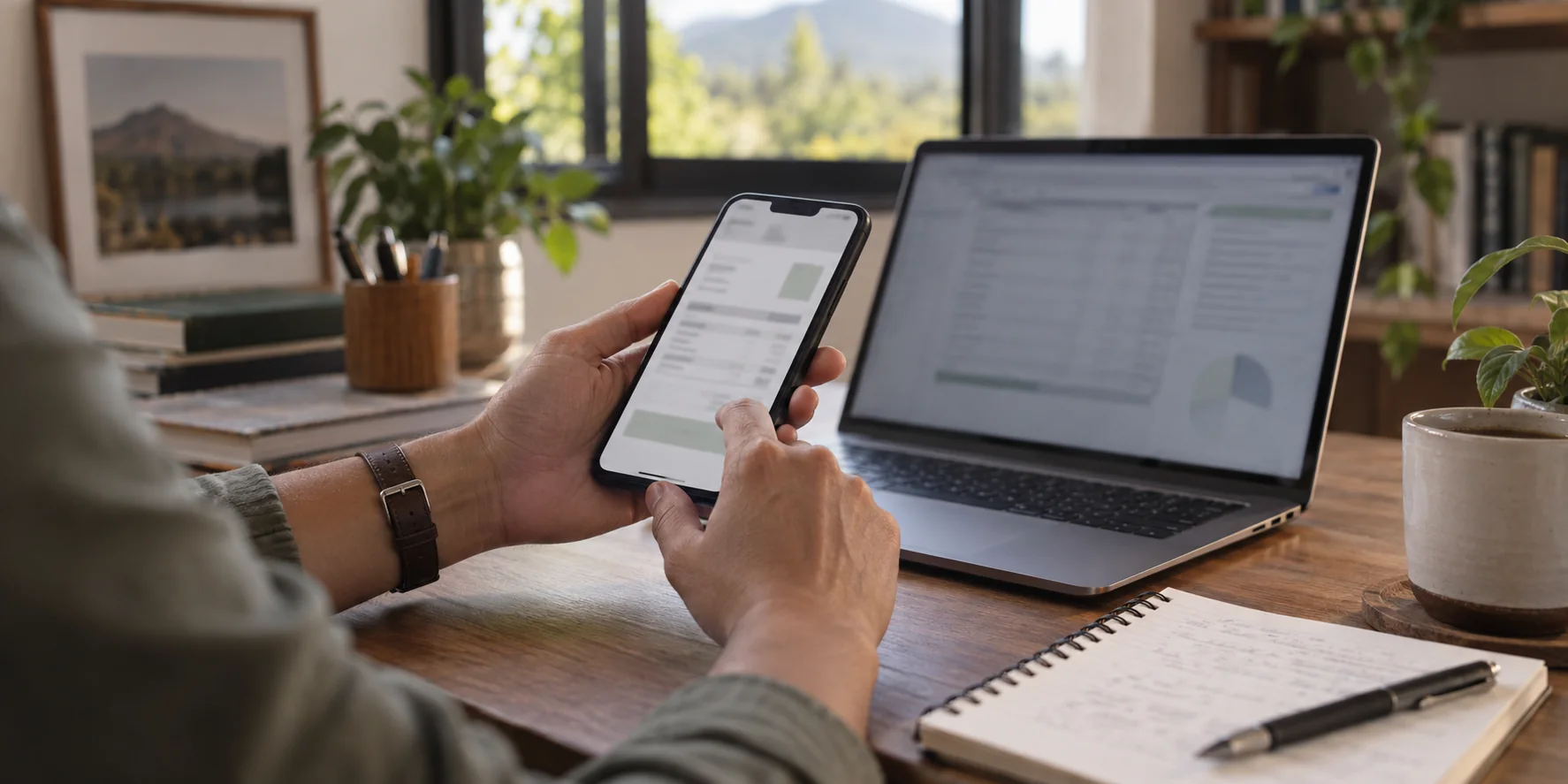 Consulta de una factura digital desde el teléfono con una laptop abierta